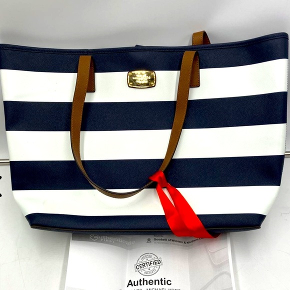 Michael Kors, navy & white striped tote with acorn leather straps, lining, satin - Picture 5 of 8